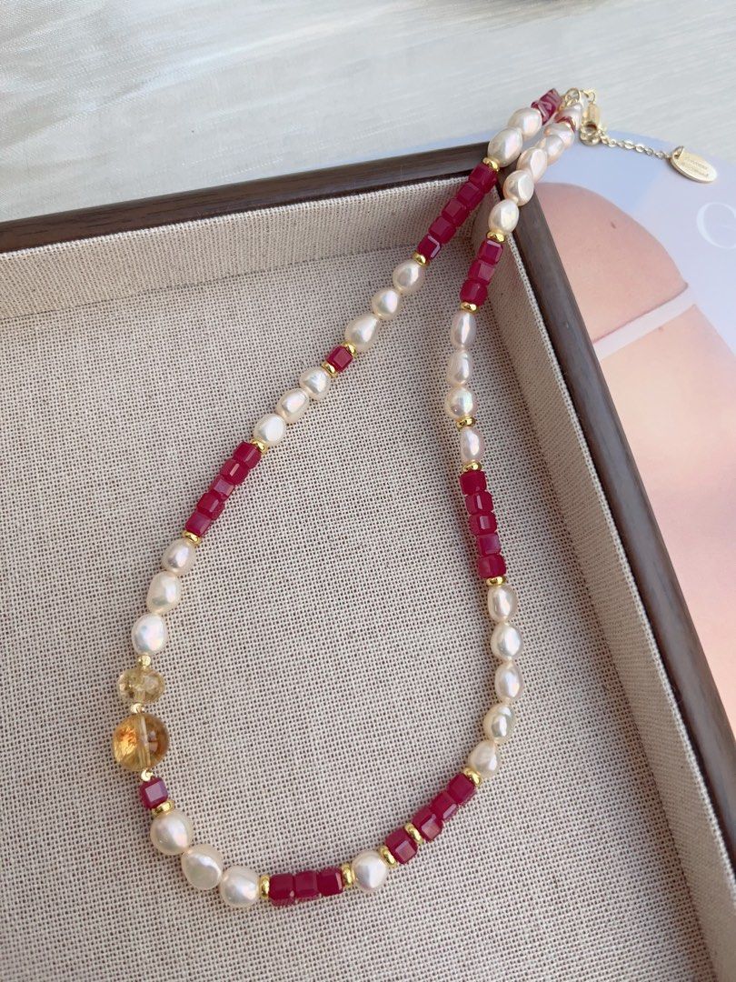 #PN878 Freshwater Pearl Necklace | Ruby Square | Citrine | Lustrous Baroque Pearl | Feminine Power | Gift 💝 for Anniversary