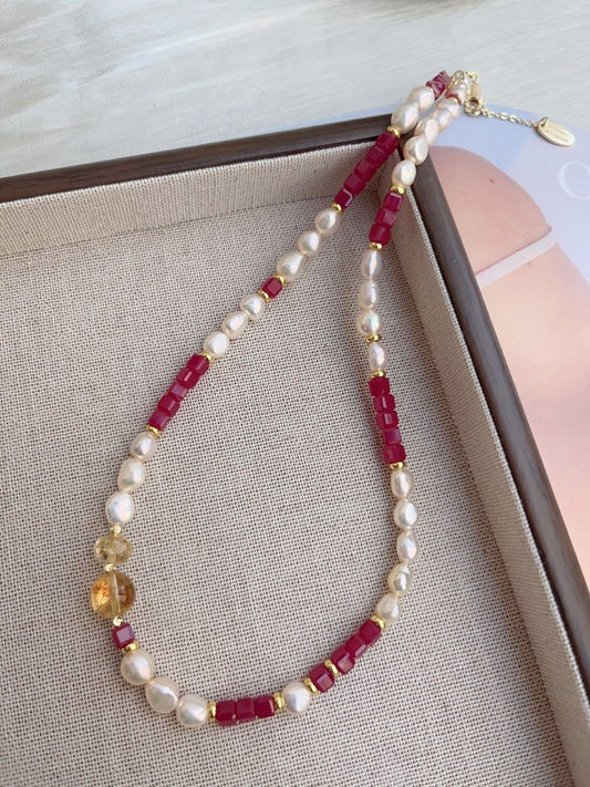 #PN878 Freshwater Pearl Necklace | Ruby Square | Citrine | Lustrous Baroque Pearl | Feminine Power | Gift 💝 for Anniversary
