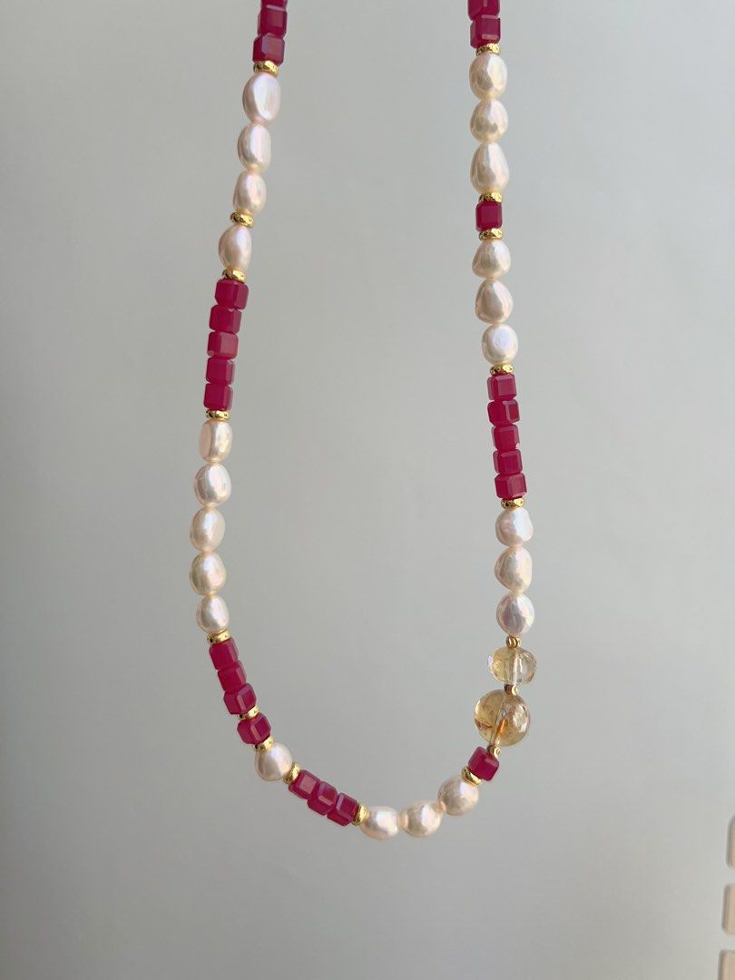 #PN878 Freshwater Pearl Necklace | Ruby Square | Citrine | Lustrous Baroque Pearl | Feminine Power | Gift 💝 for Anniversary