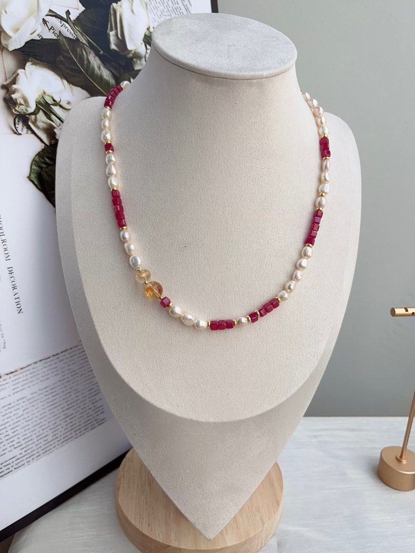 #PN878 Freshwater Pearl Necklace | Ruby Square | Citrine | Lustrous Baroque Pearl | Feminine Power | Gift 💝 for Anniversary