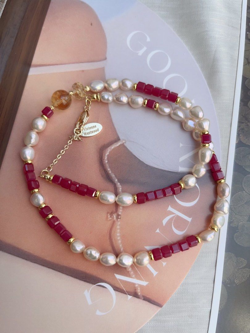 #PN878 Freshwater Pearl Necklace | Ruby Square | Citrine | Lustrous Baroque Pearl | Feminine Power | Gift 💝 for Anniversary