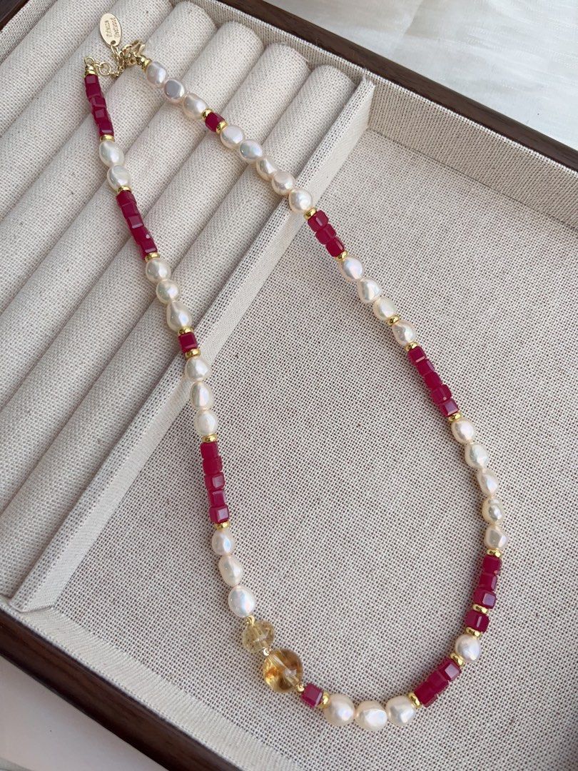 #PN878 Freshwater Pearl Necklace | Ruby Square | Citrine | Lustrous Baroque Pearl | Feminine Power | Gift 💝 for Anniversary