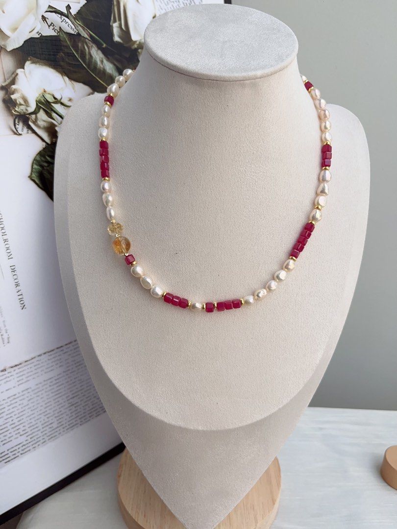 #PN878 Freshwater Pearl Necklace | Ruby Square | Citrine | Lustrous Baroque Pearl | Feminine Power | Gift 💝 for Anniversary