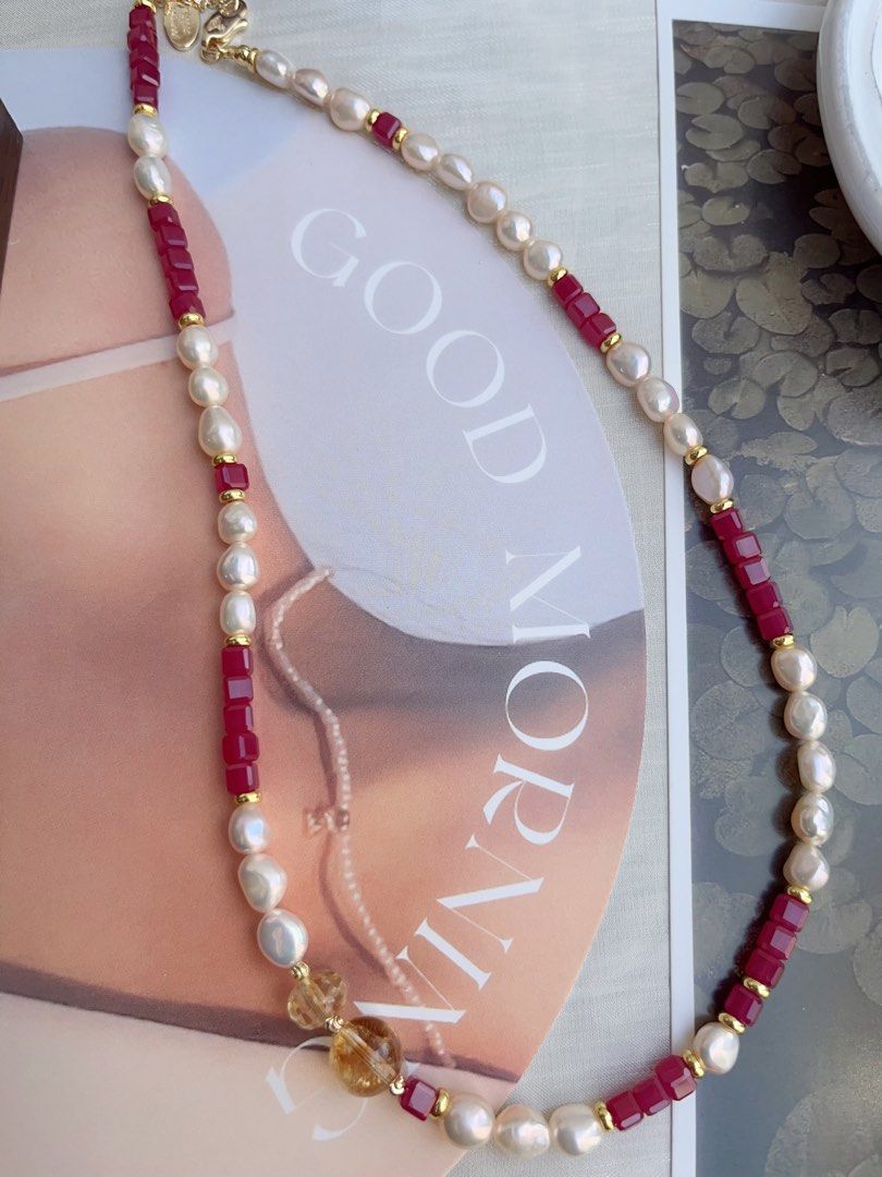 #PN878 Freshwater Pearl Necklace | Ruby Square | Citrine | Lustrous Baroque Pearl | Feminine Power | Gift 💝 for Anniversary
