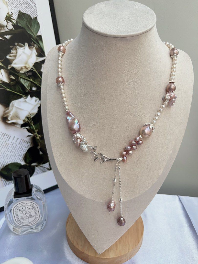 #PN879 [Floral Series] Freshwater Pearl Necklace | Petals on the Branch | Purple Lustrous Fishtail Baroque | Avocado Baroque | Wheat Ear Design | Dangling | Gift 💝 for Birthday