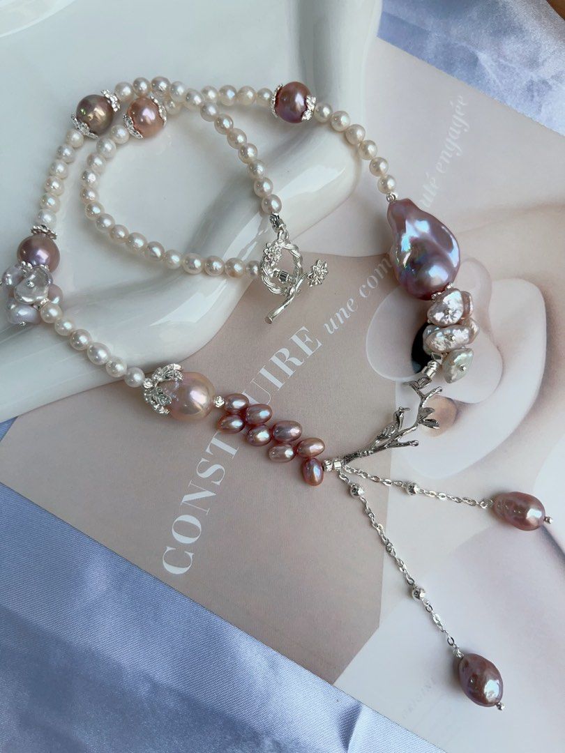 #PN879 [Floral Series] Freshwater Pearl Necklace | Petals on the Branch | Purple Lustrous Fishtail Baroque | Avocado Baroque | Wheat Ear Design | Dangling | Gift 💝 for Birthday