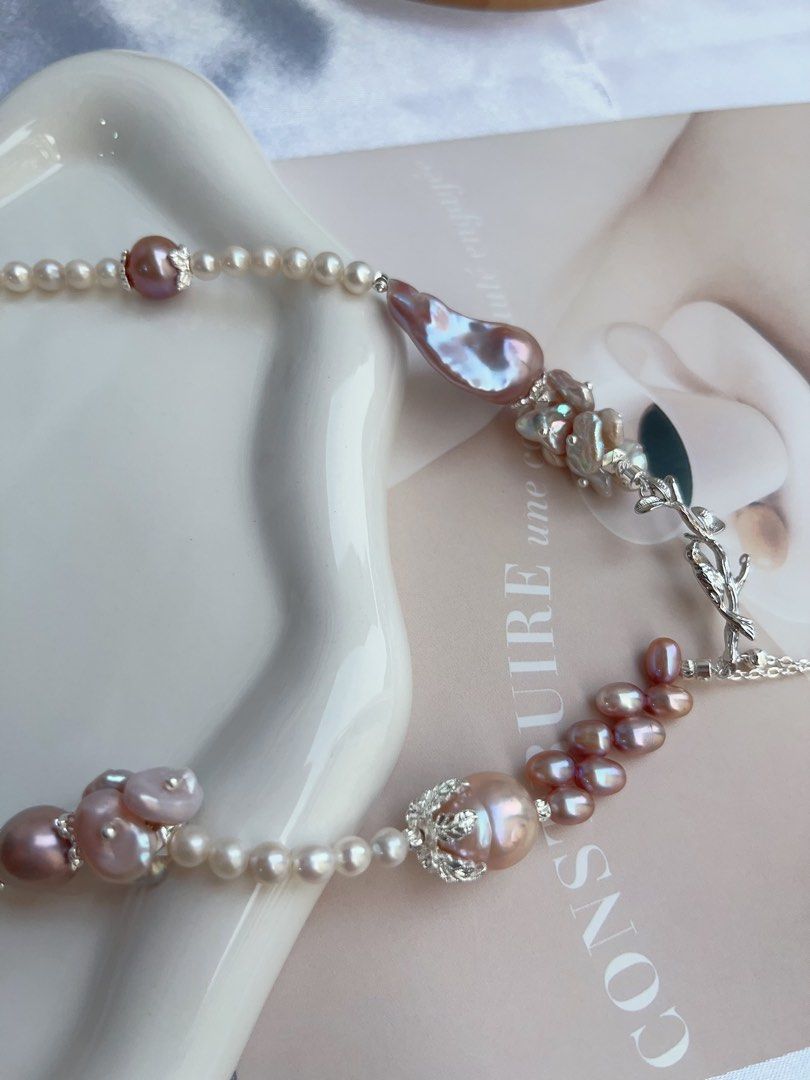 #PN879 [Floral Series] Freshwater Pearl Necklace | Petals on the Branch | Purple Lustrous Fishtail Baroque | Avocado Baroque | Wheat Ear Design | Dangling | Gift 💝 for Birthday
