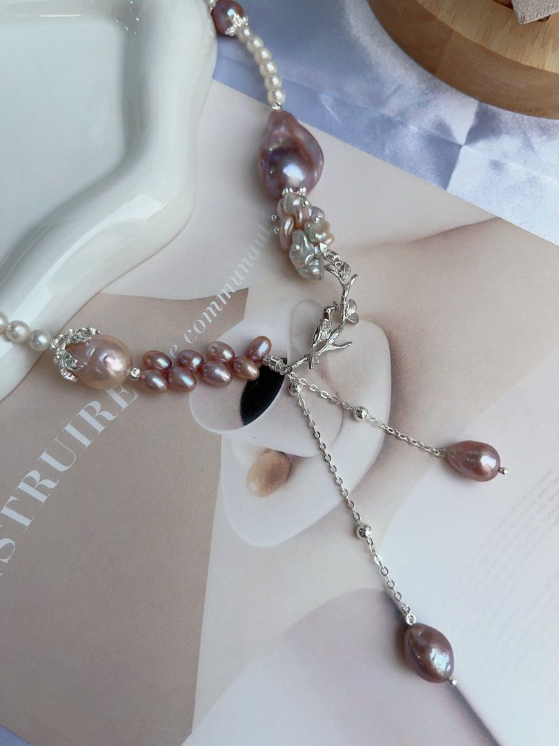 #PN879 [Floral Series] Freshwater Pearl Necklace | Petals on the Branch | Purple Lustrous Fishtail Baroque | Avocado Baroque | Wheat Ear Design | Dangling | Gift 💝 for Birthday