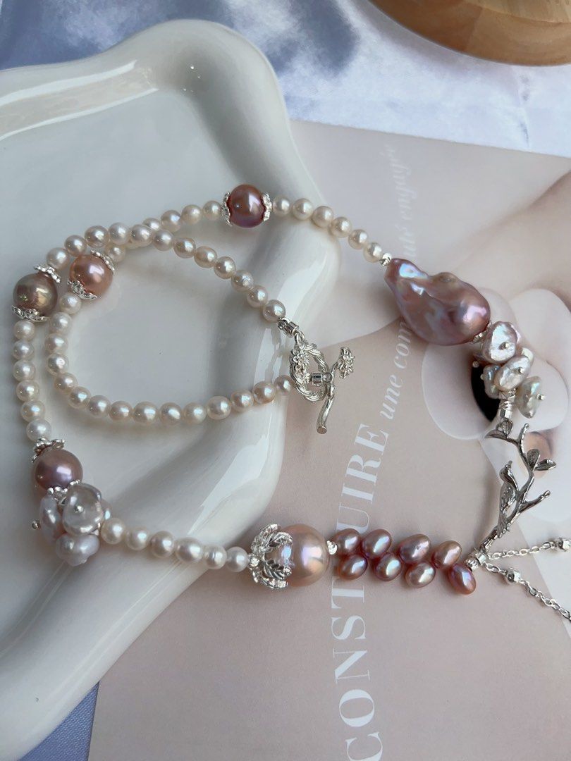 #PN879 [Floral Series] Freshwater Pearl Necklace | Petals on the Branch | Purple Lustrous Fishtail Baroque | Avocado Baroque | Wheat Ear Design | Dangling | Gift 💝 for Birthday