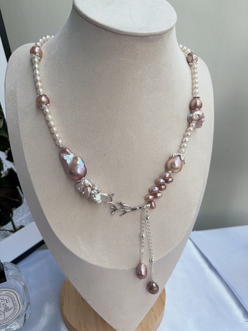 #PN879 [Floral Series] Freshwater Pearl Necklace | Petals on the Branch | Purple Lustrous Fishtail Baroque | Avocado Baroque | Wheat Ear Design | Dangling | Gift 💝 for Birthday