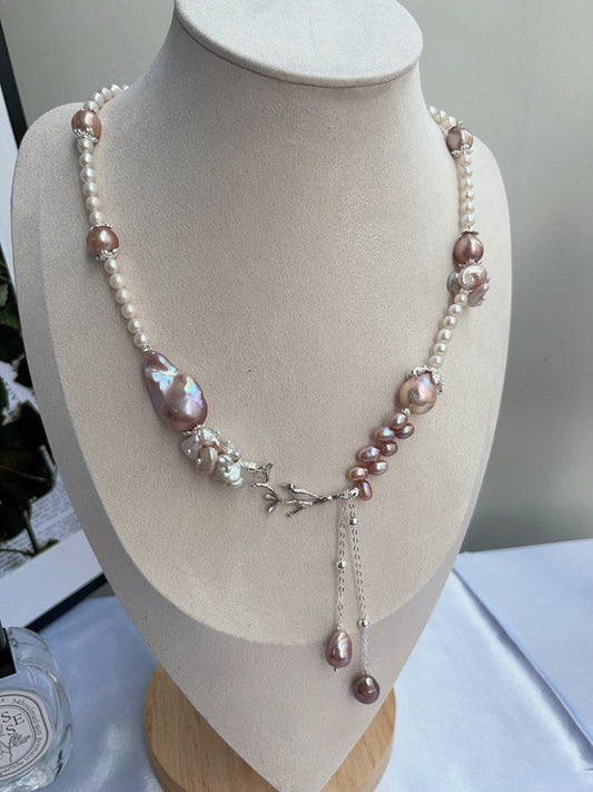 #PN879 [Floral Series] Freshwater Pearl Necklace | Petals on the Branch | Purple Lustrous Fishtail Baroque | Avocado Baroque | Wheat Ear Design | Dangling | Gift 💝 for Birthday