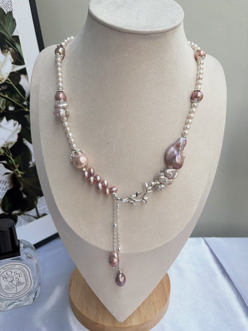 #PN879 [Floral Series] Freshwater Pearl Necklace | Petals on the Branch | Purple Lustrous Fishtail Baroque | Avocado Baroque | Wheat Ear Design | Dangling | Gift 💝 for Birthday