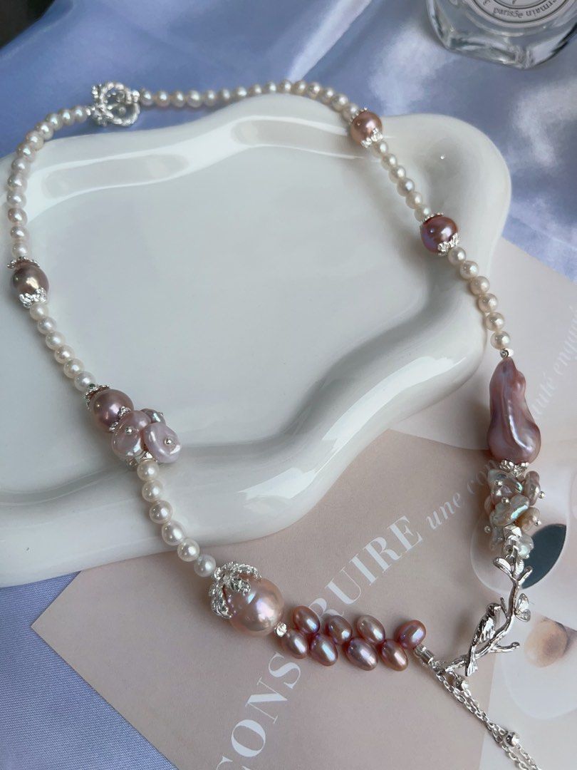 #PN879 [Floral Series] Freshwater Pearl Necklace | Petals on the Branch | Purple Lustrous Fishtail Baroque | Avocado Baroque | Wheat Ear Design | Dangling | Gift 💝 for Birthday