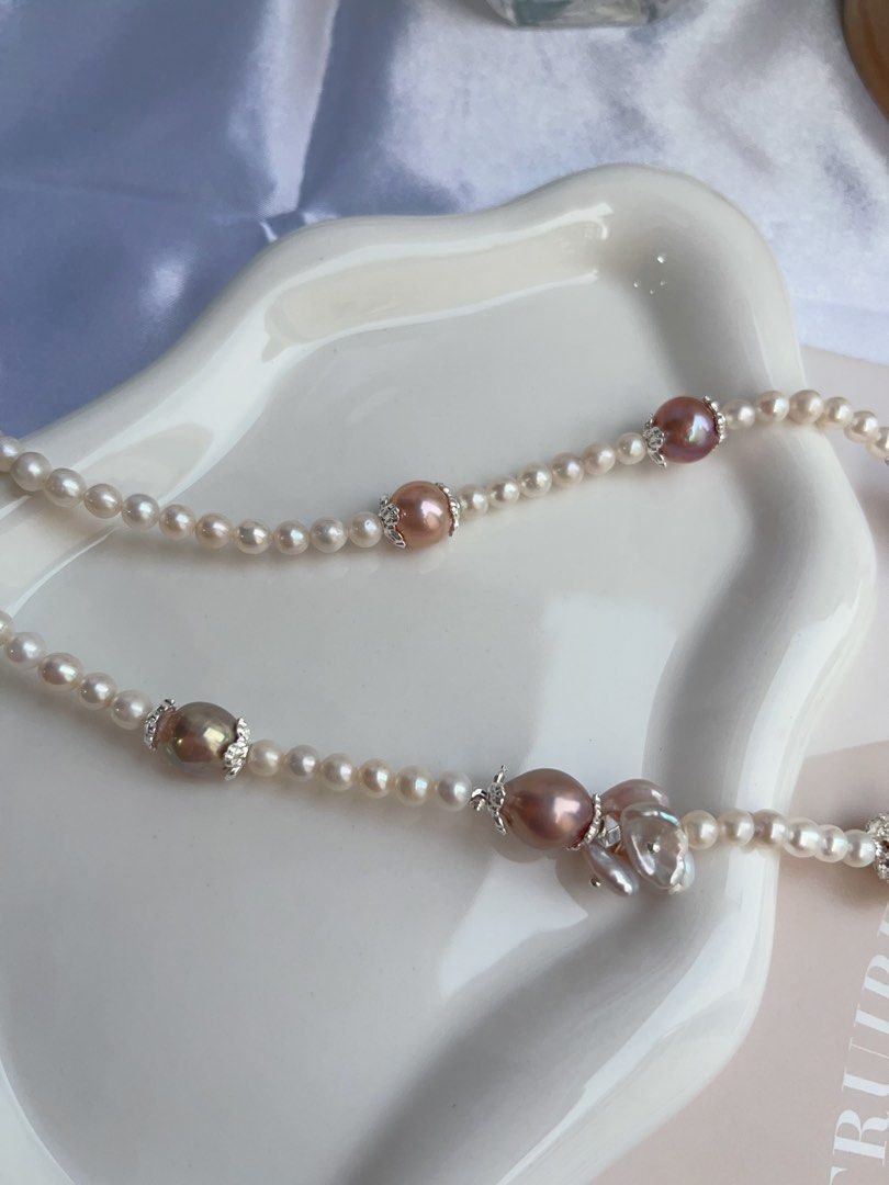 #PN879 [Floral Series] Freshwater Pearl Necklace | Petals on the Branch | Purple Lustrous Fishtail Baroque | Avocado Baroque | Wheat Ear Design | Dangling | Gift 💝 for Birthday