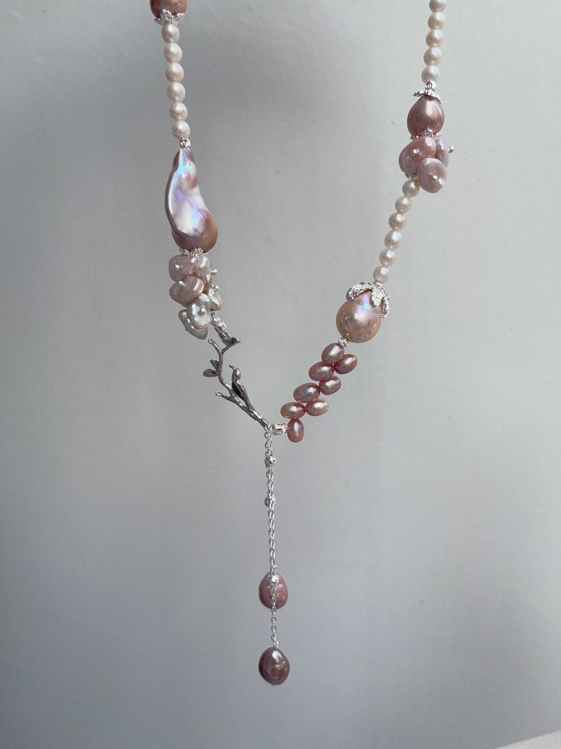 #PN879 [Floral Series] Freshwater Pearl Necklace | Petals on the Branch | Purple Lustrous Fishtail Baroque | Avocado Baroque | Wheat Ear Design | Dangling | Gift 💝 for Birthday