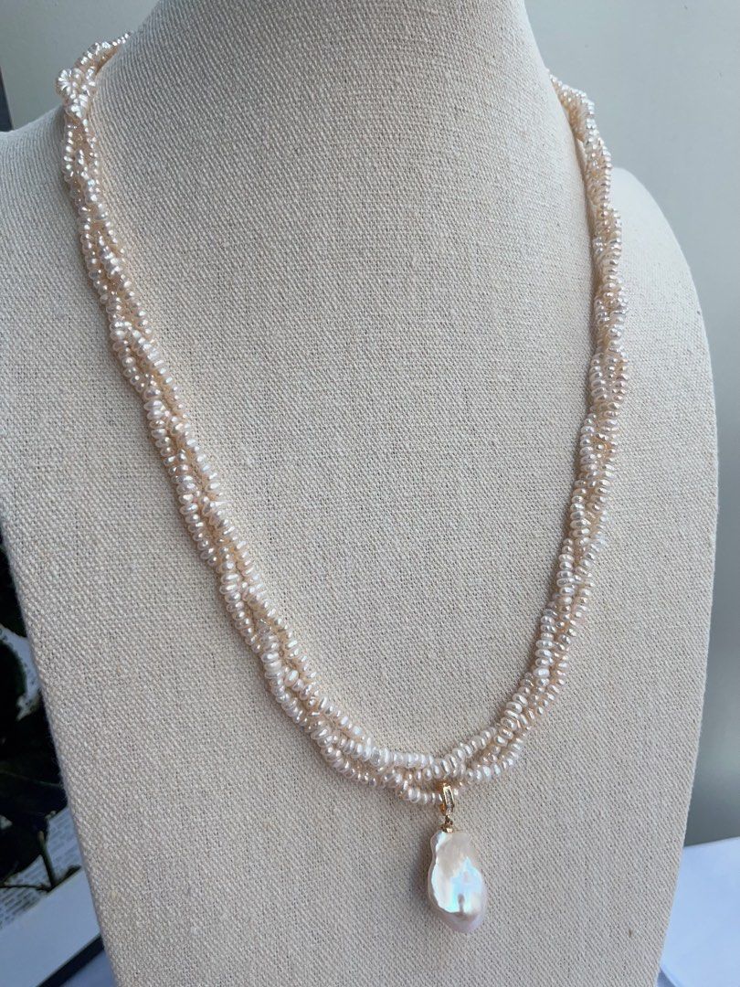 #PN880 Freshwater Pearl Necklace | 3-layer Braided | Detachable Fishtail Baroque Pendant | Lustrous | Baby Baroque | 56cm Long| Elegant & Classic | Simplicity | Anniversary Gift 🎁 Choice