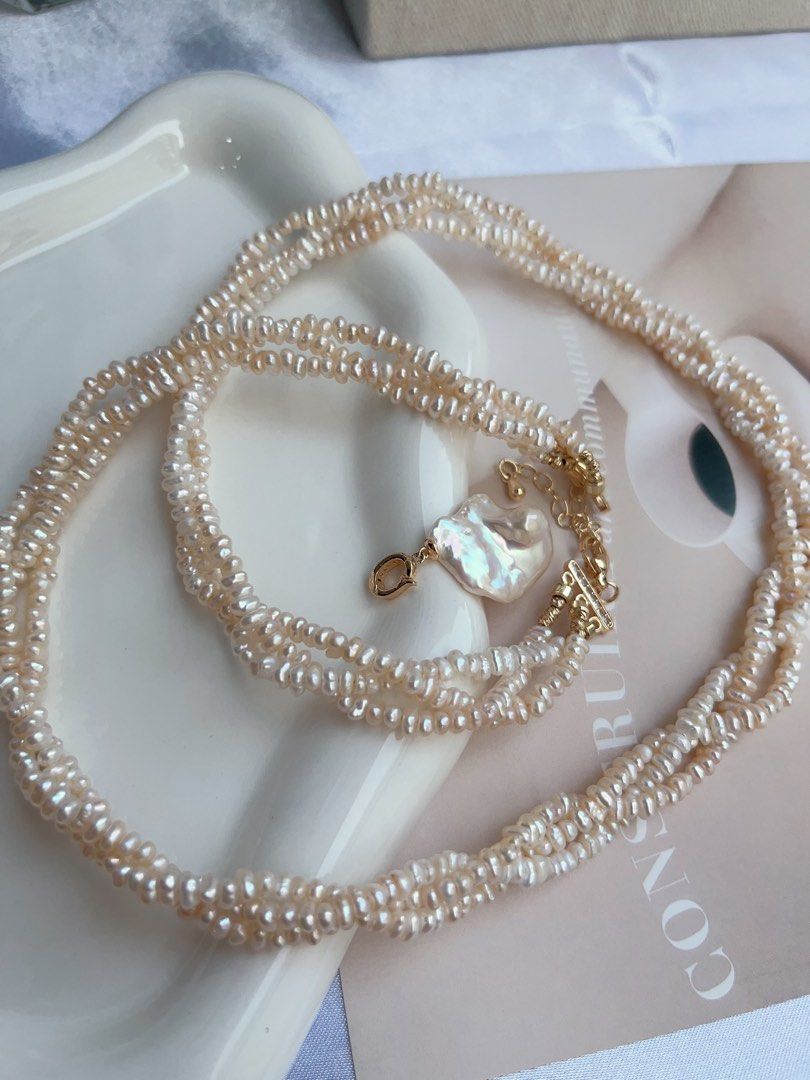 #PN880 Freshwater Pearl Necklace | 3-layer Braided | Detachable Fishtail Baroque Pendant | Lustrous | Baby Baroque | 56cm Long| Elegant & Classic | Simplicity | Anniversary Gift 🎁 Choice