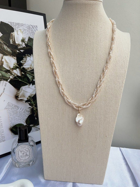 #PN880 Freshwater Pearl Necklace | 3-layer Braided | Detachable Fishtail Baroque Pendant | Lustrous | Baby Baroque | 56cm Long| Elegant & Classic | Simplicity | Anniversary Gift 🎁 Choice