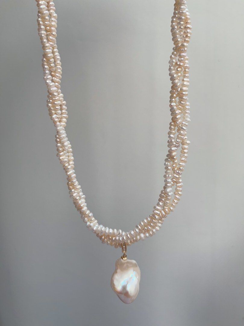 #PN880 Freshwater Pearl Necklace | 3-layer Braided | Detachable Fishtail Baroque Pendant | Lustrous | Baby Baroque | 56cm Long| Elegant & Classic | Simplicity | Anniversary Gift 🎁 Choice