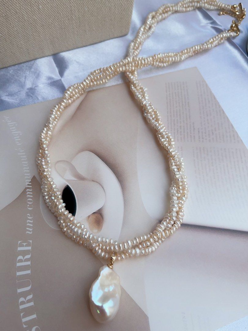 #PN880 Freshwater Pearl Necklace | 3-layer Braided | Detachable Fishtail Baroque Pendant | Lustrous | Baby Baroque | 56cm Long| Elegant & Classic | Simplicity | Anniversary Gift 🎁 Choice