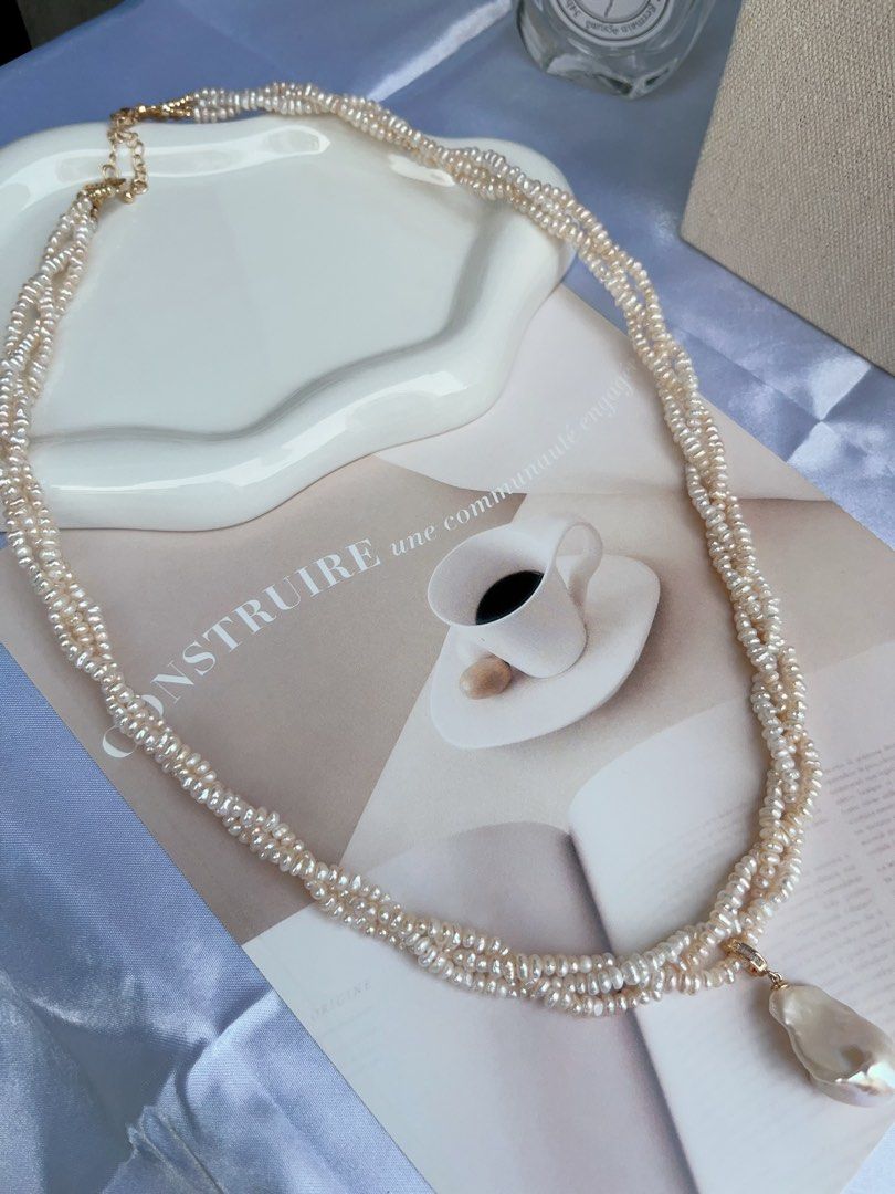 #PN880 Freshwater Pearl Necklace | 3-layer Braided | Detachable Fishtail Baroque Pendant | Lustrous | Baby Baroque | 56cm Long| Elegant & Classic | Simplicity | Anniversary Gift 🎁 Choice