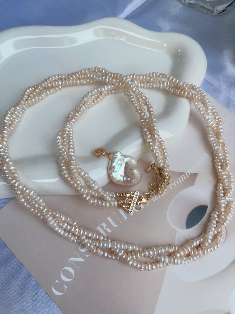 #PN880 Freshwater Pearl Necklace | 3-layer Braided | Detachable Fishtail Baroque Pendant | Lustrous | Baby Baroque | 56cm Long| Elegant & Classic | Simplicity | Anniversary Gift 🎁 Choice