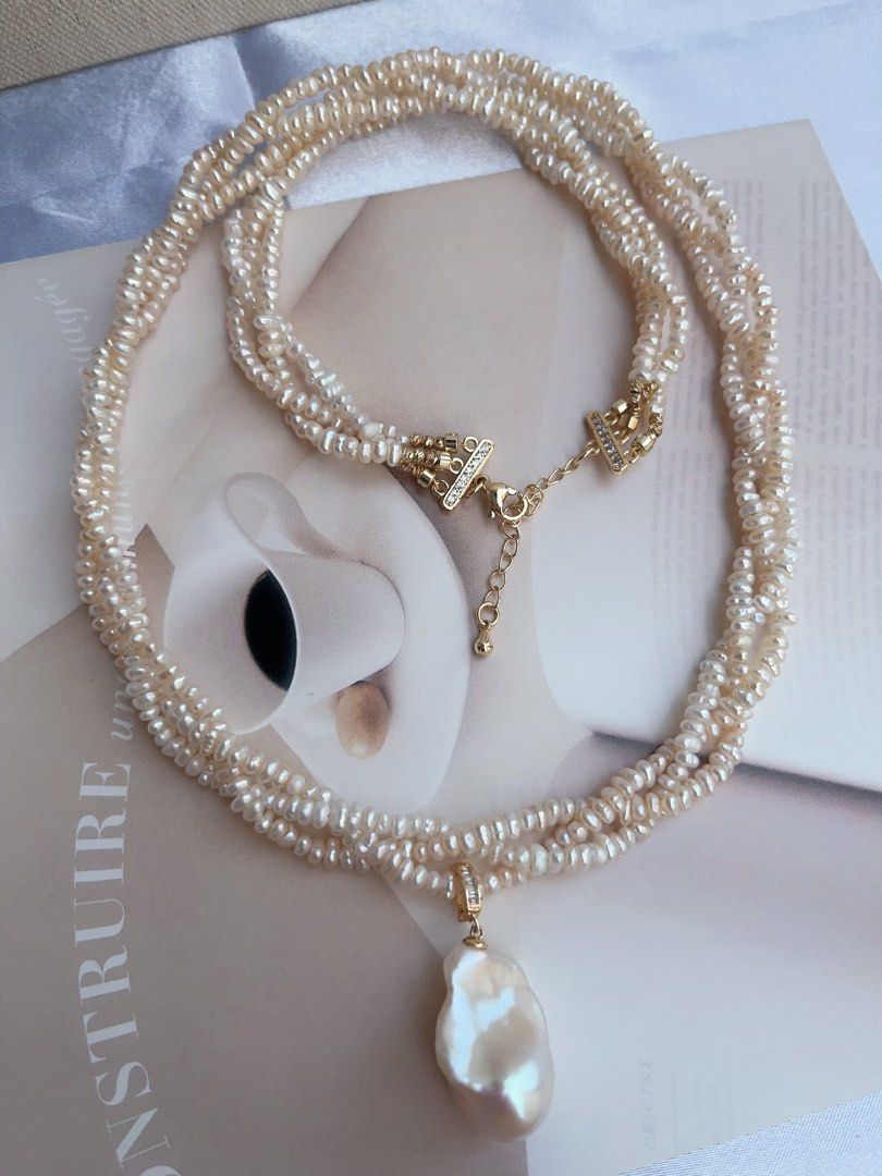 #PN880 Freshwater Pearl Necklace | 3-layer Braided | Detachable Fishtail Baroque Pendant | Lustrous | Baby Baroque | 56cm Long| Elegant & Classic | Simplicity | Anniversary Gift 🎁 Choice