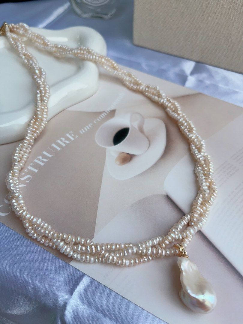 #PN880 Freshwater Pearl Necklace | 3-layer Braided | Detachable Fishtail Baroque Pendant | Lustrous | Baby Baroque | 56cm Long| Elegant & Classic | Simplicity | Anniversary Gift 🎁 Choice