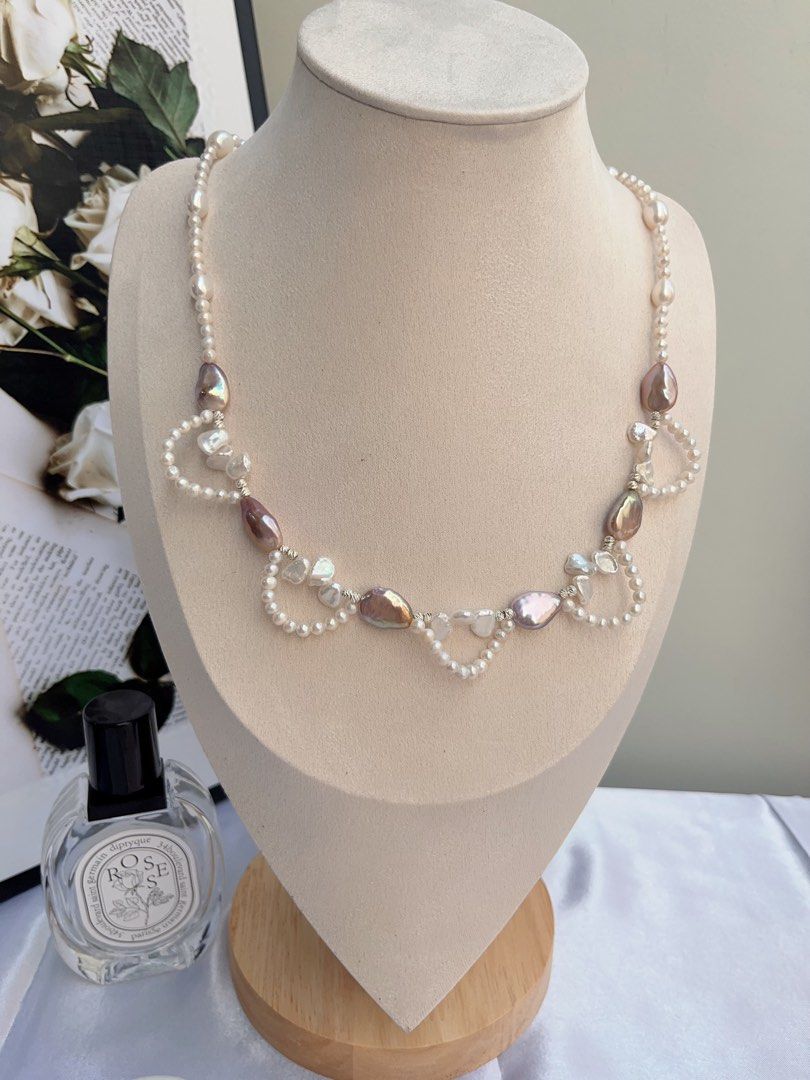 #PN881 Freshwater Pearl Necklace | Purple Melon Seeds Pearl| Avocado Lustre| White Petals | Lace Design | Grace Your Neckline with Pearls| Gift 🎁 Choice