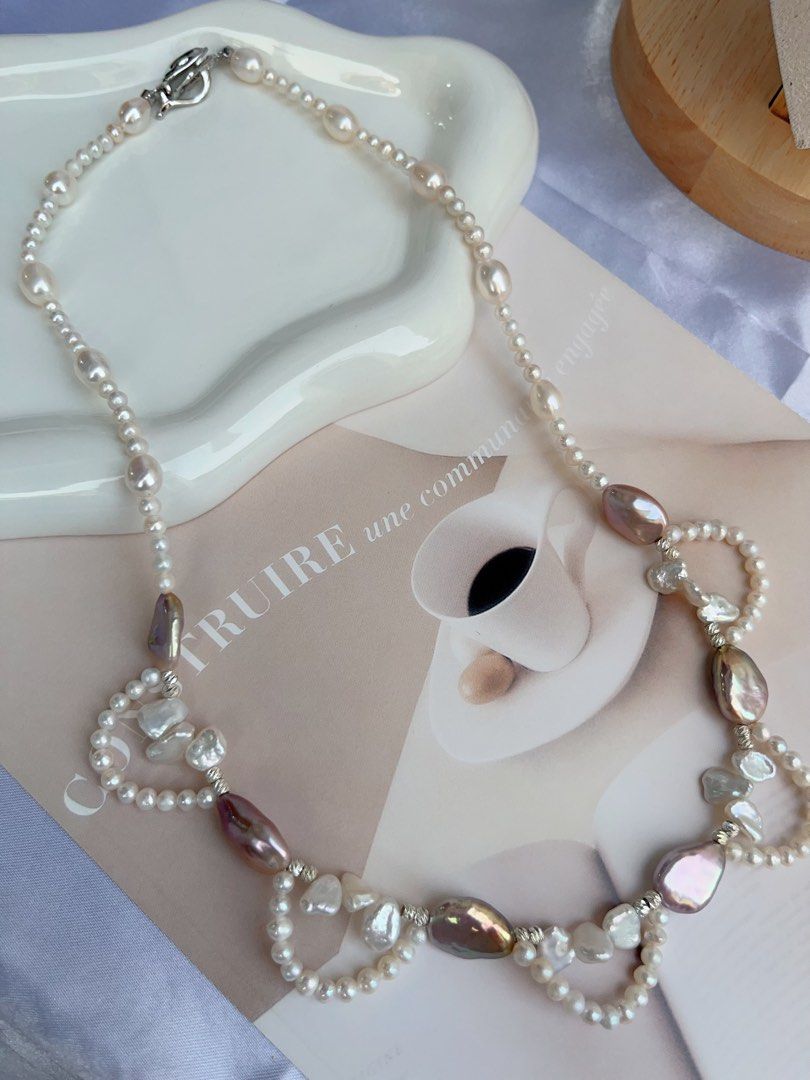 #PN881 Freshwater Pearl Necklace | Purple Melon Seeds Pearl| Avocado Lustre| White Petals | Lace Design | Grace Your Neckline with Pearls| Gift 🎁 Choice