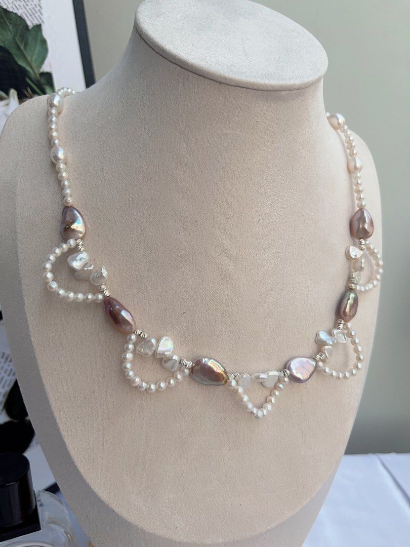 #PN881 Freshwater Pearl Necklace | Purple Melon Seeds Pearl| Avocado Lustre| White Petals | Lace Design | Grace Your Neckline with Pearls| Gift 🎁 Choice