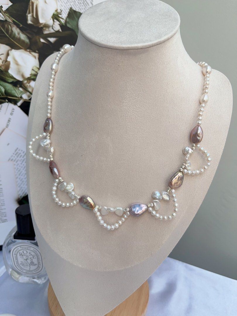 #PN881 Freshwater Pearl Necklace | Purple Melon Seeds Pearl| Avocado Lustre| White Petals | Lace Design | Grace Your Neckline with Pearls| Gift 🎁 Choice