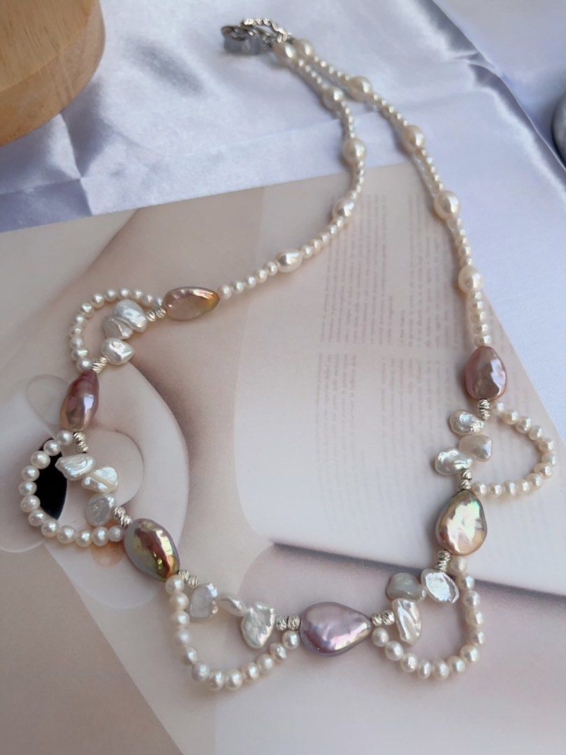#PN881 Freshwater Pearl Necklace | Purple Melon Seeds Pearl| Avocado Lustre| White Petals | Lace Design | Grace Your Neckline with Pearls| Gift 🎁 Choice