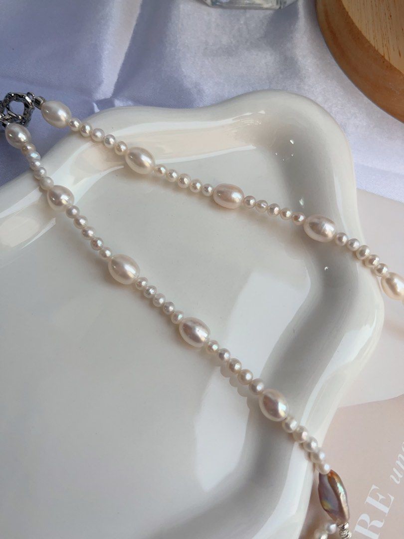 #PN881 Freshwater Pearl Necklace | Purple Melon Seeds Pearl| Avocado Lustre| White Petals | Lace Design | Grace Your Neckline with Pearls| Gift 🎁 Choice