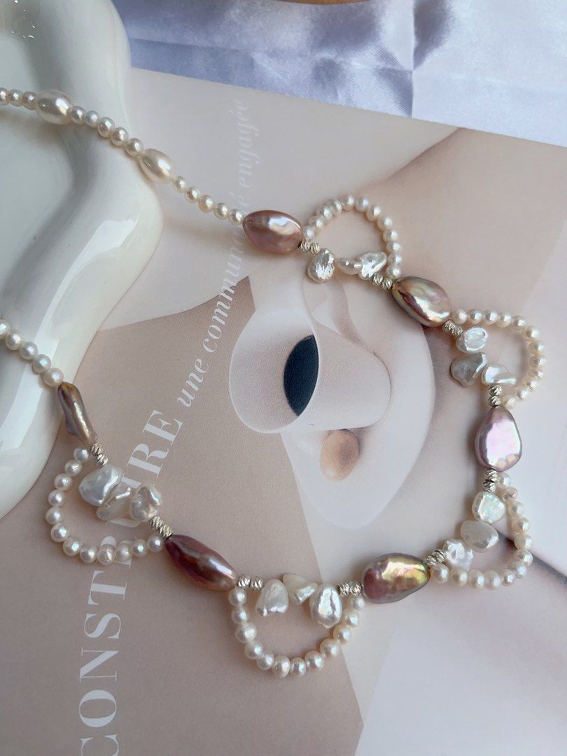 #PN881 Freshwater Pearl Necklace | Purple Melon Seeds Pearl| Avocado Lustre| White Petals | Lace Design | Grace Your Neckline with Pearls| Gift 🎁 Choice