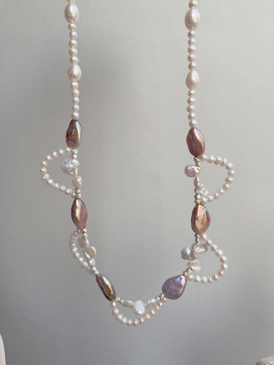 #PN881 Freshwater Pearl Necklace | Purple Melon Seeds Pearl| Avocado Lustre| White Petals | Lace Design | Grace Your Neckline with Pearls| Gift 🎁 Choice