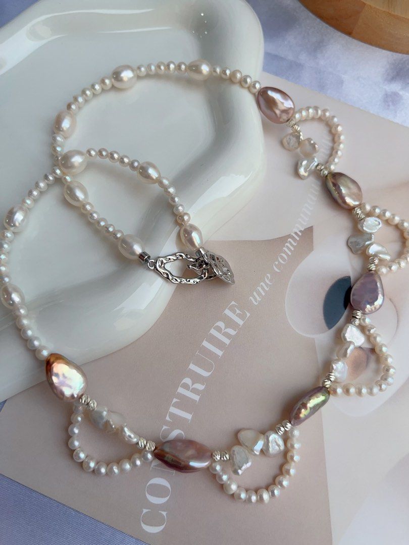 #PN881 Freshwater Pearl Necklace | Purple Melon Seeds Pearl| Avocado Lustre| White Petals | Lace Design | Grace Your Neckline with Pearls| Gift 🎁 Choice