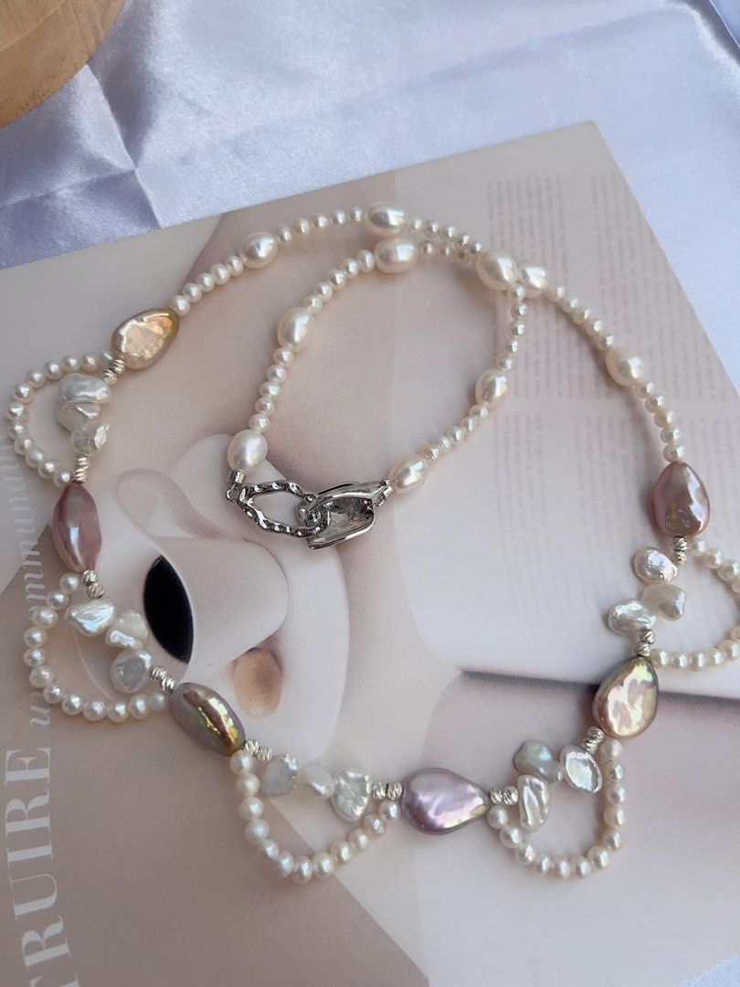 #PN881 Freshwater Pearl Necklace | Purple Melon Seeds Pearl| Avocado Lustre| White Petals | Lace Design | Grace Your Neckline with Pearls| Gift 🎁 Choice