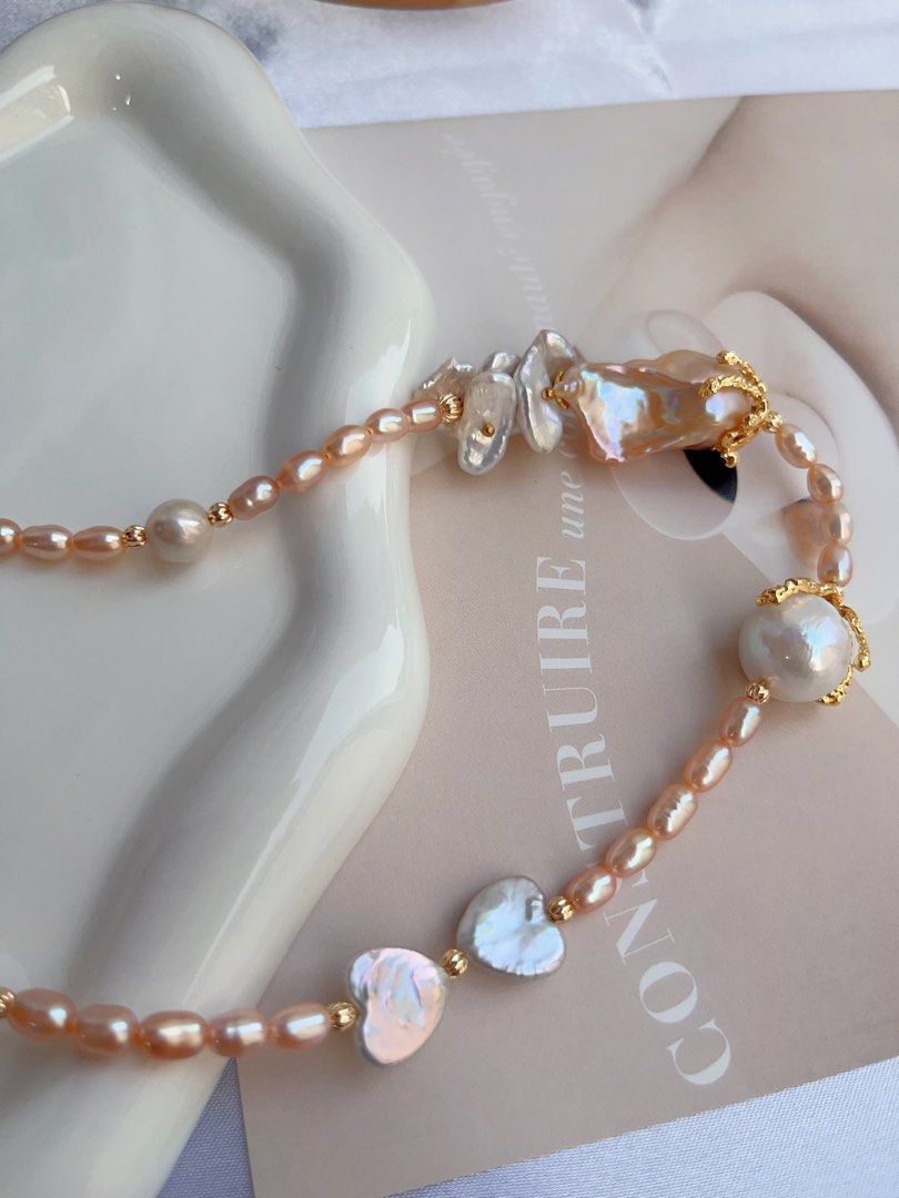 #PN882 [Floral Series] Freshwater Pearl Necklace | Heart ❤️ Ribbon 🎀 | Champagne Fishtail Baroque | Golden Lustre| Pearls Speak for Themselves | Gift for Her