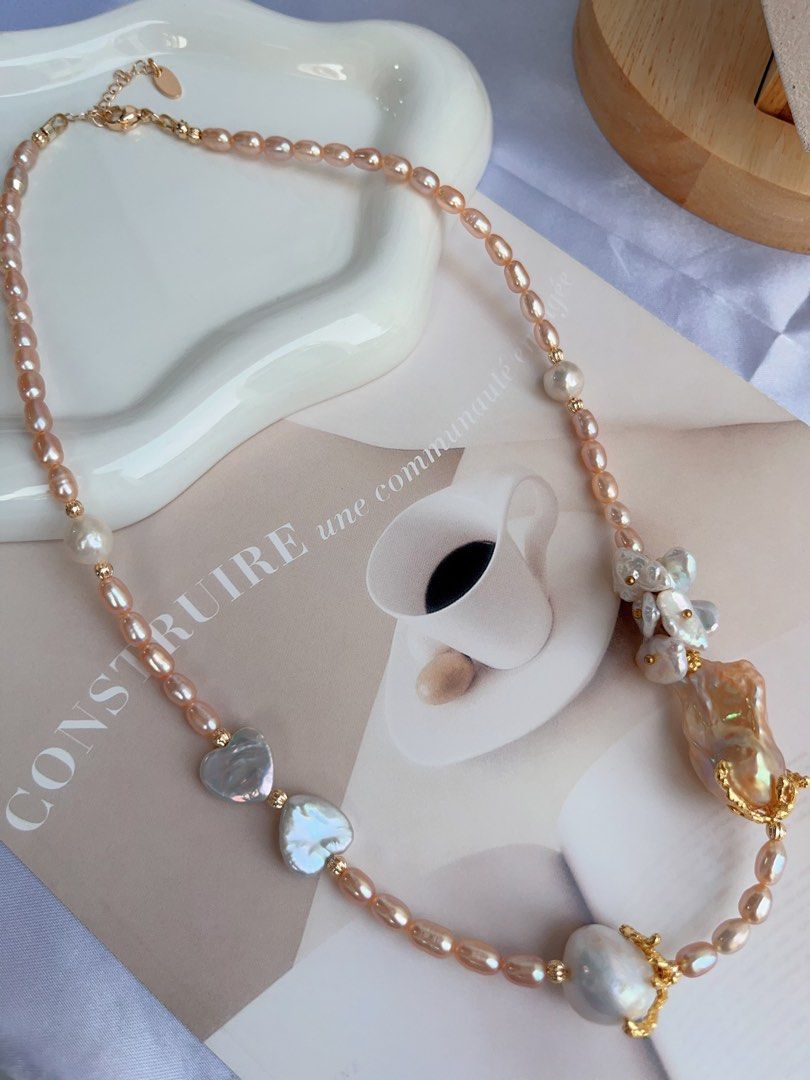 #PN882 [Floral Series] Freshwater Pearl Necklace | Heart ❤️ Ribbon 🎀 | Champagne Fishtail Baroque | Golden Lustre| Pearls Speak for Themselves | Gift for Her