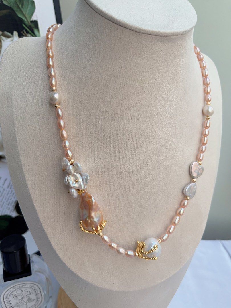 #PN882 [Floral Series] Freshwater Pearl Necklace | Heart ❤️ Ribbon 🎀 | Champagne Fishtail Baroque | Golden Lustre| Pearls Speak for Themselves | Gift for Her