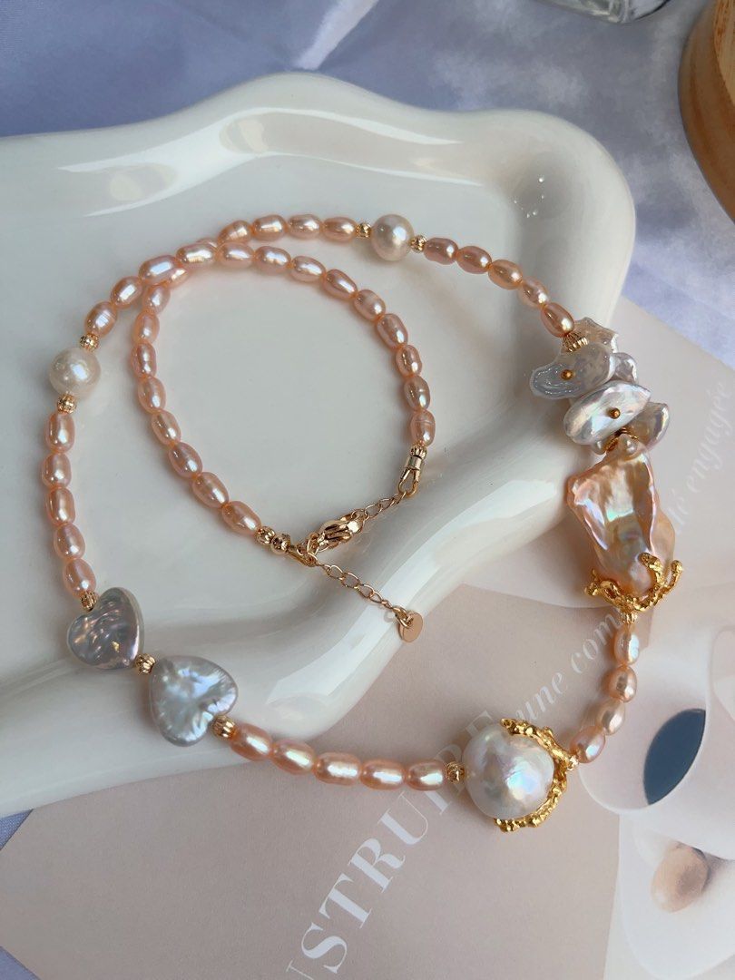 #PN882 [Floral Series] Freshwater Pearl Necklace | Heart ❤️ Ribbon 🎀 | Champagne Fishtail Baroque | Golden Lustre| Pearls Speak for Themselves | Gift for Her