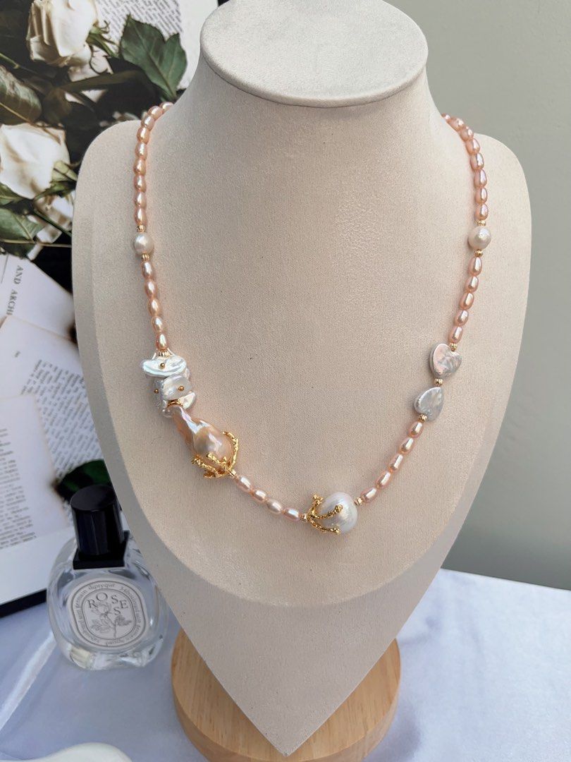 #PN882 [Floral Series] Freshwater Pearl Necklace | Heart ❤️ Ribbon 🎀 | Champagne Fishtail Baroque | Golden Lustre| Pearls Speak for Themselves | Gift for Her