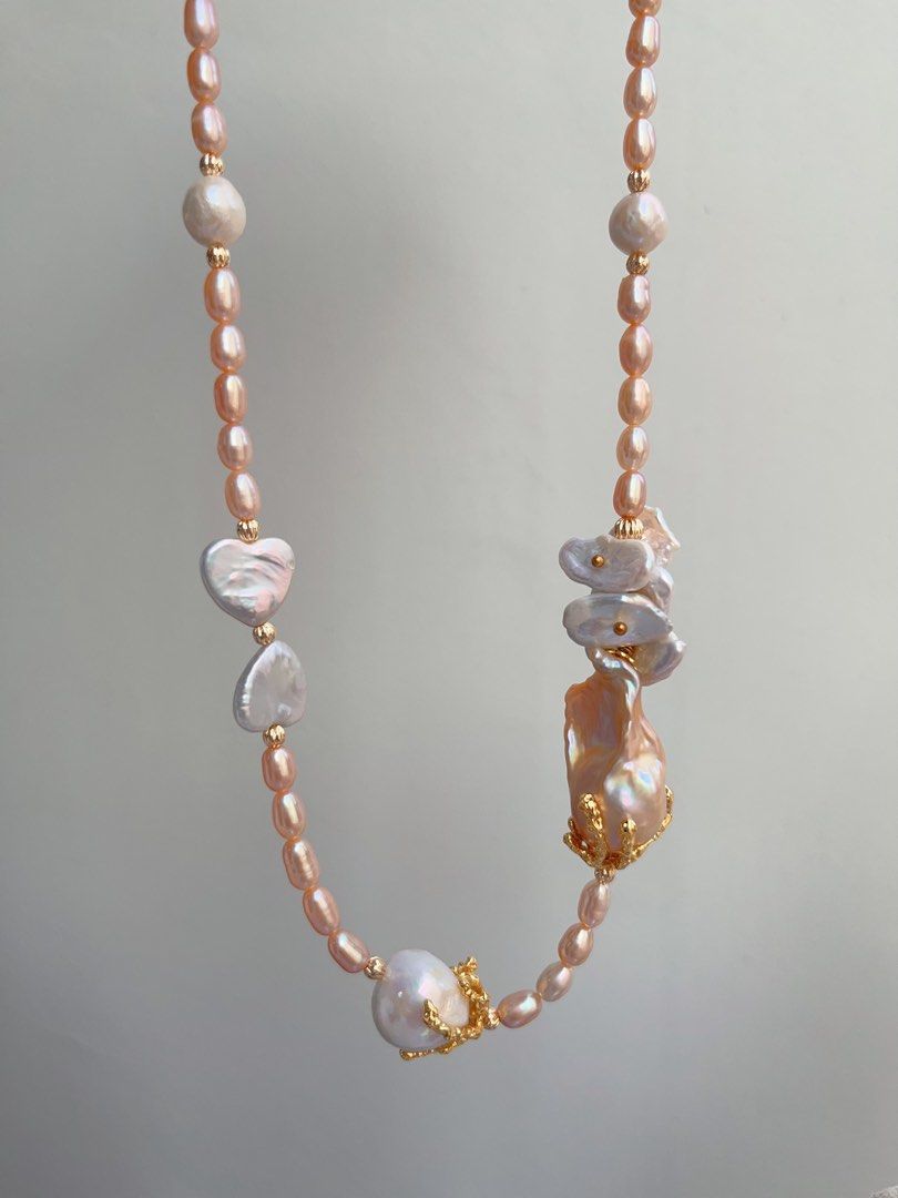 #PN882 [Floral Series] Freshwater Pearl Necklace | Heart ❤️ Ribbon 🎀 | Champagne Fishtail Baroque | Golden Lustre| Pearls Speak for Themselves | Gift for Her