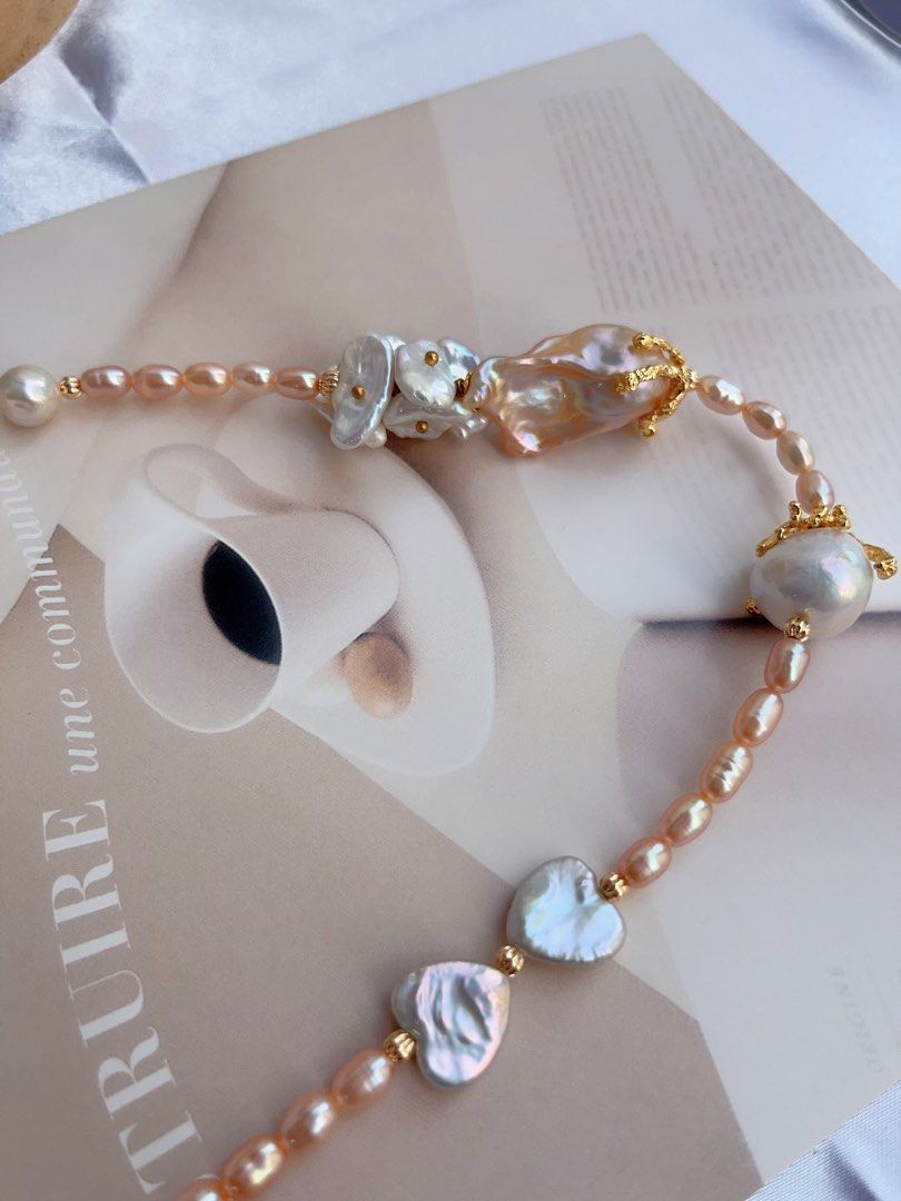 #PN882 [Floral Series] Freshwater Pearl Necklace | Heart ❤️ Ribbon 🎀 | Champagne Fishtail Baroque | Golden Lustre| Pearls Speak for Themselves | Gift for Her