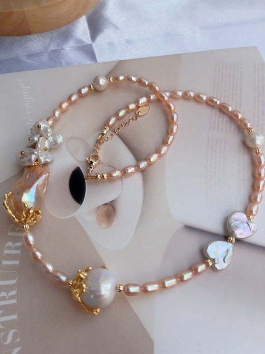 #PN882 [Floral Series] Freshwater Pearl Necklace | Heart ❤️ Ribbon 🎀 | Champagne Fishtail Baroque | Golden Lustre| Pearls Speak for Themselves | Gift for Her