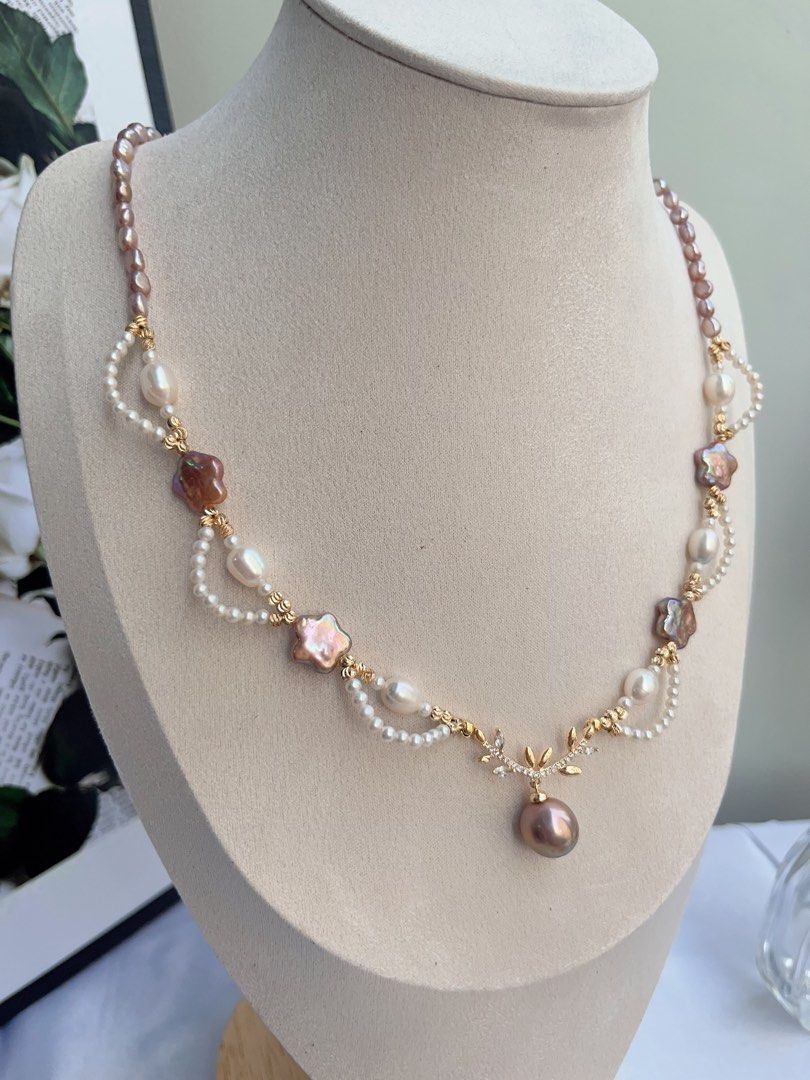 #PN884 Freshwater Pearl Necklace | Baby Pearl Laces| Purple Stars 🌟 | Avocado Pendant | Lustrous | 50cm Long| Fairy Tail Heroine | Love Gift 💝