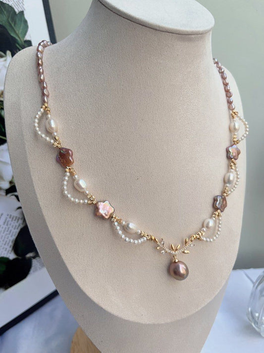 #PN884 Freshwater Pearl Necklace | Baby Pearl Laces| Purple Stars 🌟 | Avocado Pendant | Lustrous | 50cm Long| Fairy Tail Heroine | Love Gift 💝