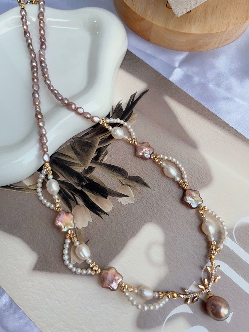 #PN884 Freshwater Pearl Necklace | Baby Pearl Laces| Purple Stars 🌟 | Avocado Pendant | Lustrous | 50cm Long| Fairy Tail Heroine | Love Gift 💝