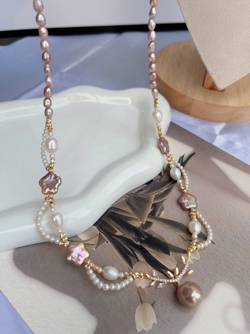 #PN884 Freshwater Pearl Necklace | Baby Pearl Laces| Purple Stars 🌟 | Avocado Pendant | Lustrous | 50cm Long| Fairy Tail Heroine | Love Gift 💝